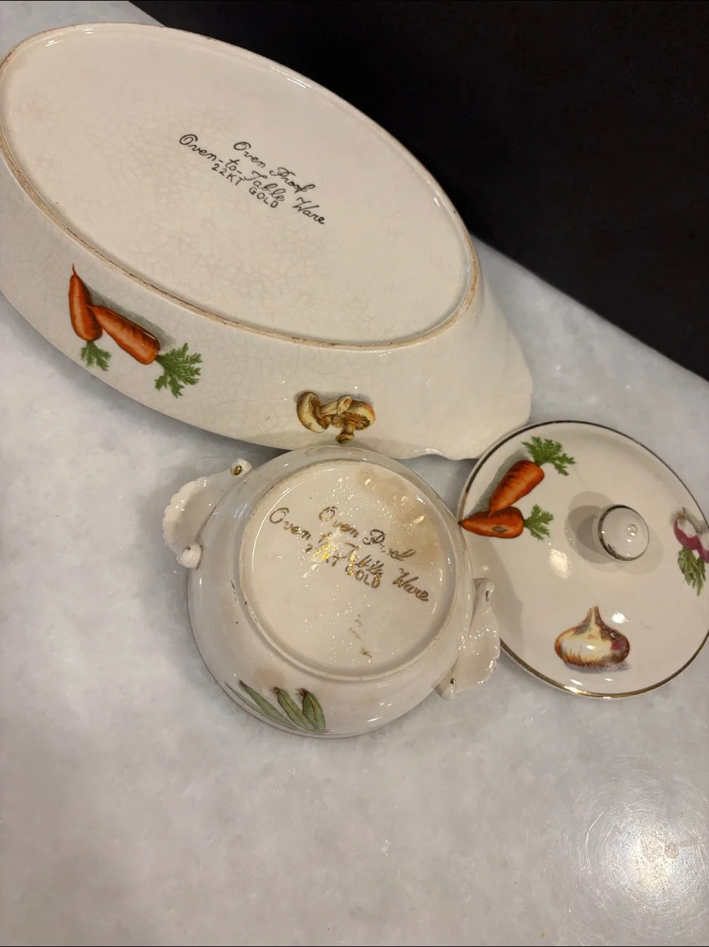 Vtg Oven-To-Table Ware 22kt Gold Japan 🍄‍🟫🫜🥕🍅🧅🫛